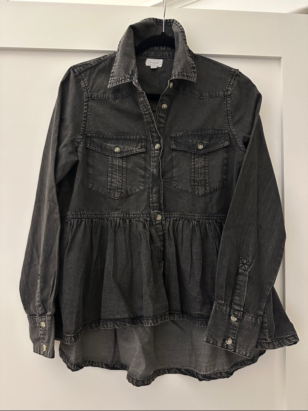 Mud Pie Washed Black Peplum Denim Shirt